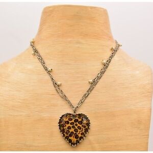 Betsey Johnson Leopard Heart Necklace with Silver Chain